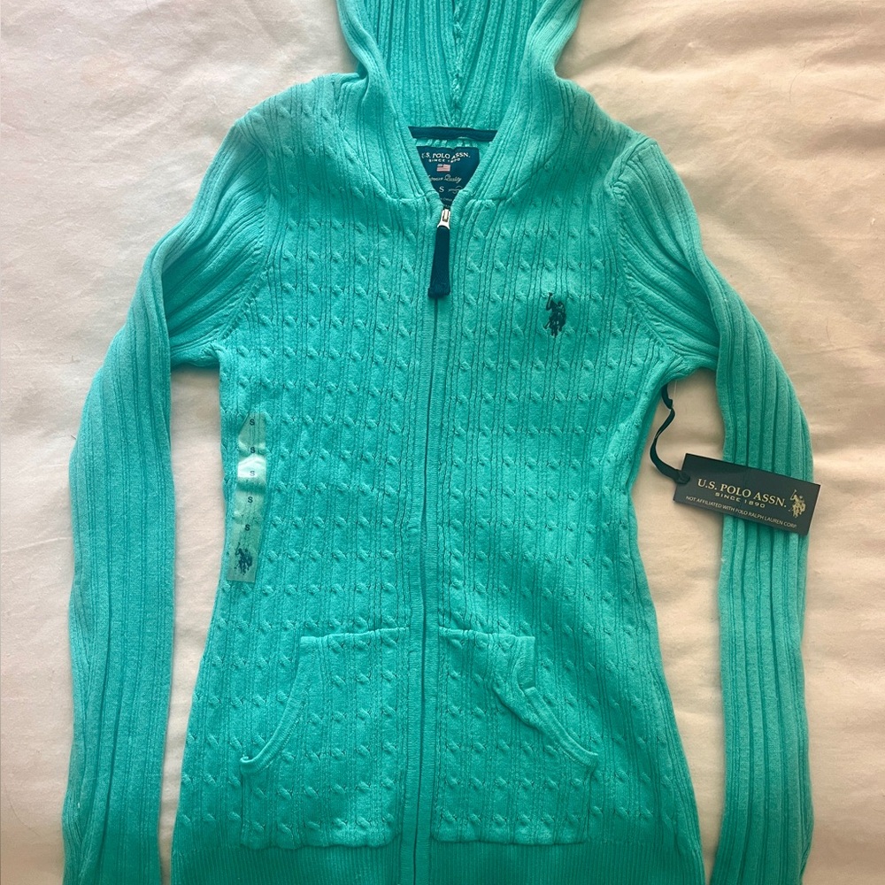US Polo Assn Womens SM Hooded Knit Cardigan Sweater Zip up Knitted Hoodie Turq